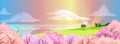 Panoramic village landscape with blooming pink trees, little house, lake, clouds, sunrays. Royalty Free Stock Photo
